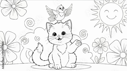 Cute kitten with bird on head and smiling sun illustration.