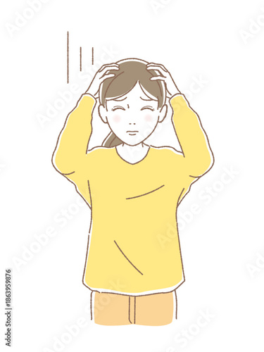 頭を抱えて目を閉じる悩める女性、投資の損失やストレスに直面するイラスト