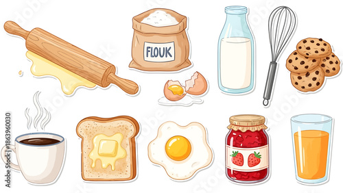 Collection of breakfast food and baking supplies, including coffee, toast, jam, cookies, eggs, milk, and a whisk, presented as a vector graphic