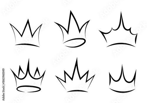 Crown icon set in black outline style. Simple hand drawn royal symbols suitable for logo design, branding, labels, badges and luxury themed projects.