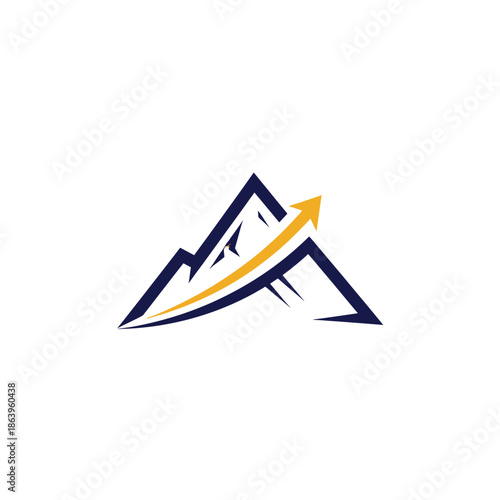 A stylized mountain peak with a golden arrow curving upwards, symbolizing growth and achievement.