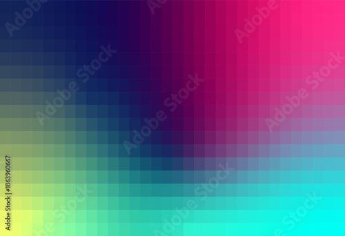 Title: Modern abstract pixelated mesh gradient background. Vibrant mosaic grid with blue, pink, teal, and yellow transitions for digital art, web design,