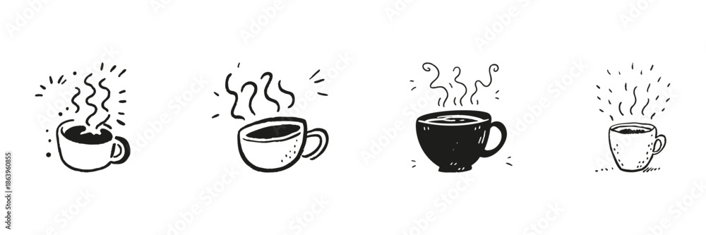 Obraz premium Steaming Coffee Cups Set In Doodle Style. Warm Beverage, Relaxation, And Morning Ritual Sketch Collection. Hand Drawn Isolated Vector Illustration