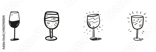 Wine Glasses Collection Set In Doodle Style. Celebration, Wine Tasting, And Beverage Enjoyment Sketch Collection. Hand Drawn Isolated Vector Illustration
