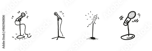 Microphone On Stand Set In Doodle Style. Music Performance, Public Speaking, And Broadcasting Sketch Collection. Hand Drawn Isolated Vector Illustration