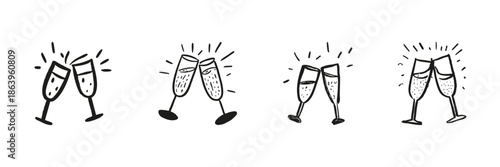 Champagne Glasses Clinking Set In Doodle Style. Celebration, Toasting, And Festive Cheers Sketch Collection. Party And Special Occasion Symbol. Hand Drawn Isolated Vector Illustration