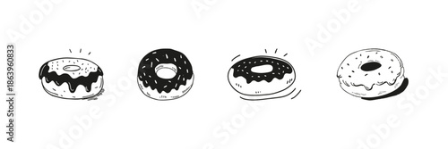 Four Donuts With Icing Set In Doodle Style. Sweet Treats, Bakery, And Dessert Sketch Collection. Hand Drawn Isolated Vector Illustration