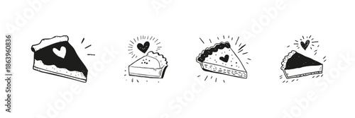 Pie Slices With Heart Motifs Set In Doodle Style. Love For Baking And Desserts Sketch Collection. Culinary Art And Sweet Treats Illustration. Hand Drawn Isolated Vector Illustration