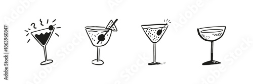 Cocktail Glasses Set In Doodle Style. Beverage Variety, Mixology, And Party Celebration Sketch Collection. Hand Drawn Isolated Vector Illustration