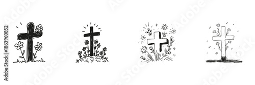 Crosses With Flowers Set In Doodle Style. Memorial, Remembrance, And Spiritual Reflection Sketch Collection. Hand Drawn Isolated Vector Illustration