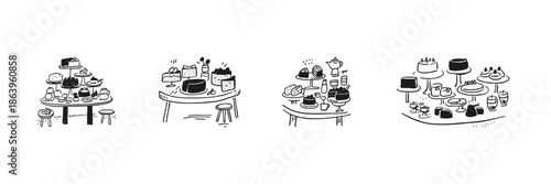 Dessert Buffet Tables Set In Doodle Style. Sweet Treats, Cakes, And Pastries Display Sketch Collection. Bakery And Confectionery Showcase. Hand Drawn Isolated Vector Illustration