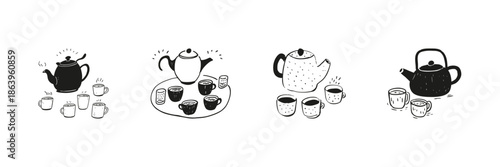 Teapot And Cups Collection Set In Doodle Style. Tea Time, Hospitality, And Social Gathering Sketch Collection. Hand Drawn Isolated Vector Illustration