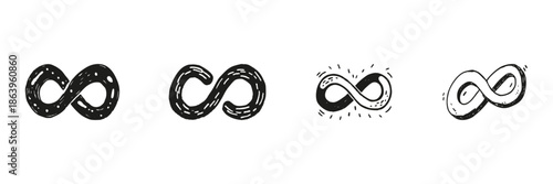 Infinity Symbol Variations Set In Doodle Style. Endless Loop, Eternity, And Limitless Concepts Sketch Collection. Hand Drawn Isolated Vector Illustration
