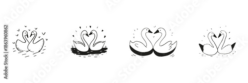 Two Swans In Love Set In Doodle Style. Romantic Connection And Affection Symbolism Sketch Collection. Hand Drawn Isolated Vector Illustration