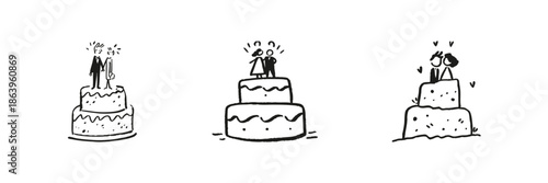 Wedding Cake Toppers Set In Doodle Style. Romantic Couple Figurines On Cakes Sketch Collection. Celebration And Marriage Symbolism. Hand Drawn Isolated Vector Illustration