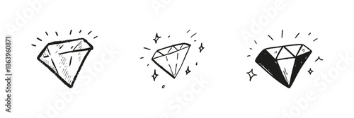 Three Diamonds Set In Doodle Style. Luxury, Wealth, And Elegance Symbolism Sketch Collection. Hand Drawn Isolated Vector Illustration