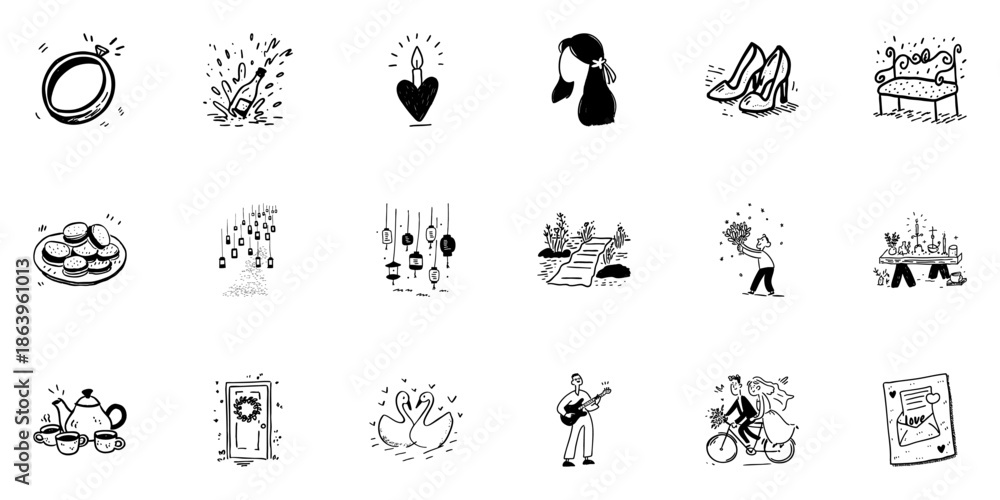 Obraz premium Wedding And Romance Icon Set In Doodle Style. Engagement, Celebration, And Love-Themed Sketch Collection. Includes Rings, Candles, Flowers, And More. Hand Drawn Isolated Vector Illustration