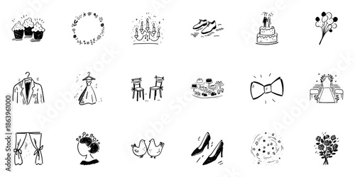 Wedding Celebration Elements Set In Doodle Style. Romantic Ceremony, Reception, And Bridal Accessories Sketch Collection. Hand Drawn Isolated Vector Illustration