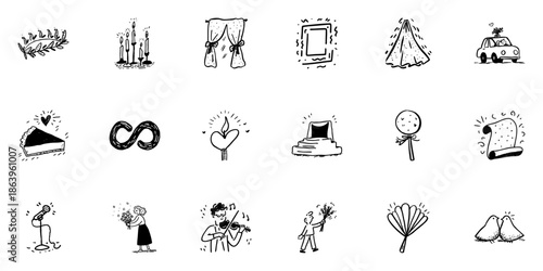Romantic And Celebration Doodle Icon Set. Love, Festivity, And Joyful Moments Sketch Collection. Hand Drawn Isolated Vector Illustration
