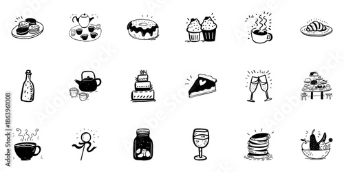 Hand-Drawn Food And Drink Icons Set In Doodle Style. Diverse Culinary Elements Including Desserts, Beverages, And Snacks Sketch Collection. Perfect For Menus And Culinary Designs. Vector Illustration