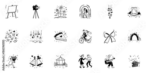 Wedding And Celebration Icon Set In Doodle Style. Romantic And Festive Elements Sketch Collection. Includes Cake, Bicycle, Fireworks, And More. Hand Drawn Isolated Vector Illustration