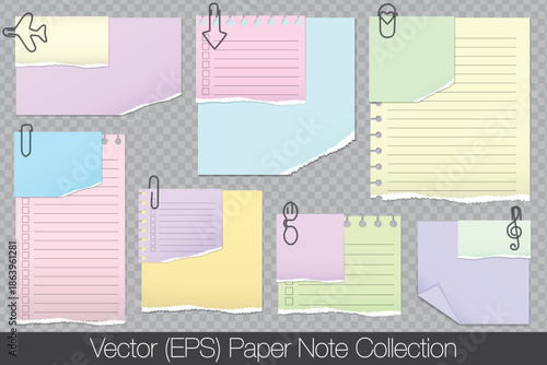 Realistic colorful Paper Mockup Set with coiled and folded edges and blank colorful torn paper notes attached to Paper by black paper clips. Vector paper templates isolated on transparent background
