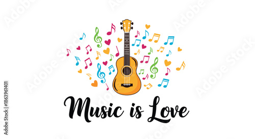 Colorful Music is Love illustration featuring a wooden acoustic guitar surrounded by vibrant musical notes and hearts on a white background.
