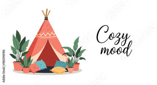 Relaxing Cozy mood illustration featuring a peach-colored teepee tent surrounded by potted plants and soft colorful cushions.
