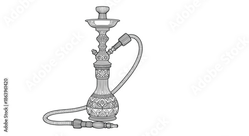 Highly detailed black and white line art illustration of an ornate hookah pipe with intricate patterns on its base and stem.