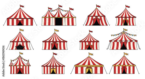 Collection of twelve red and white striped circus tents in various shapes and sizes, decorated with flags for a festive carnival theme.