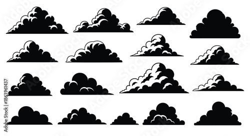 Collection of sixteen diverse black cloud silhouettes, ranging from fluffy cumulus to dense storm clouds for sky-themed graphic designs.