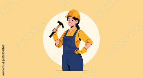 Empowering illustration of a smiling female construction worker wearing a yellow hard hat and blue overalls, holding a hammer.