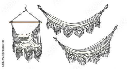 Detailed line art set featuring three different styles of bohemian macrame hammocks and a hanging chair with decorative tassels.