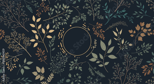 Elegant seamless pattern featuring muted leaf branches in brown and blue tones with a central circular frame on a dark background.
