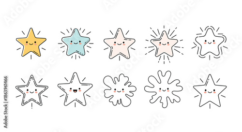 Fun collection of ten cute star-shaped characters with happy faces and colorful outlines, set against various radiating lines.