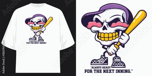 always ready for the next inning baseball skeleton graphic apparel t shirt design vector illustration artwork
