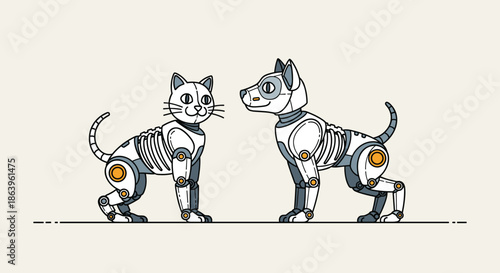 Robotic cat and dog pets standing and facing each other in profile view with visible mechanical parts and joints on a neutral cream background.