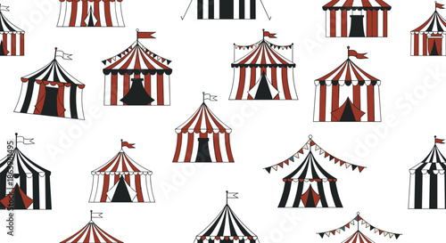Seamless pattern of vintage circus tents with red and white stripes and black accents scattered over a clean white background for event design.