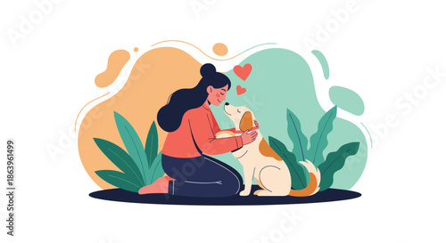 Woman kneeling and hugging her pet dog with floating red hearts above them against a colorful abstract background to show love and companionship.