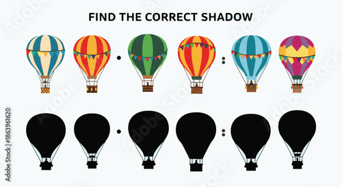 Educational shadow matching game for children featuring colorful hot air balloons in various patterns and their corresponding black silhouettes.