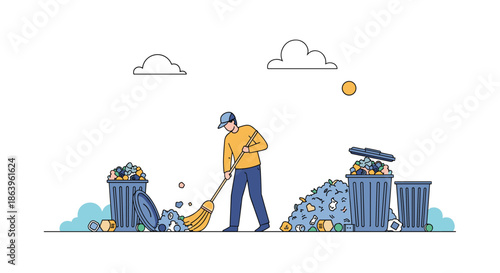 Man wearing a cap and yellow shirt sweeping up a pile of trash and litter into blue trash bins in an outdoor urban setting for environment.