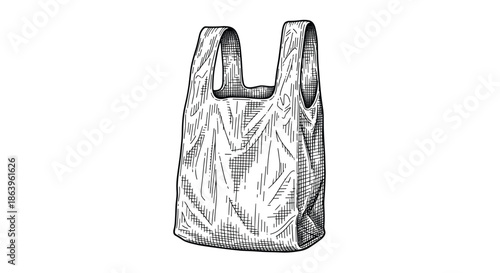 Black and white cross-hatched sketch of a common plastic shopping bag to represent plastic waste and environmental issues in a hand-drawn style.