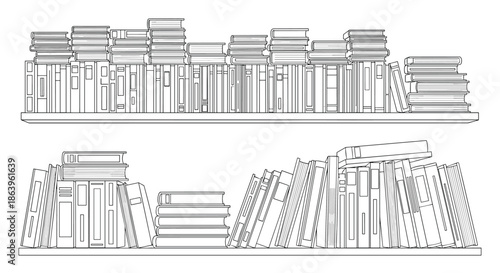 Detailed black and white line art illustration of wooden bookshelves overflowing with various books in a home library setting.