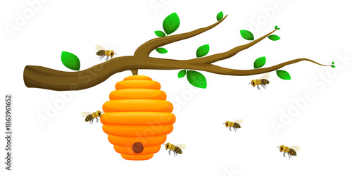Beehive on tree branch with flying bees