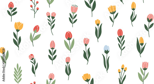 Vibrant seamless pattern of various small colorful flowers including tulips and buds arranged in a cheerful floral wallpaper design.