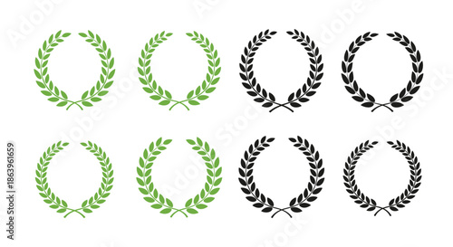 Collection of various circular laurel wreath symbols in green and black colors representing victory, success, and achievement.