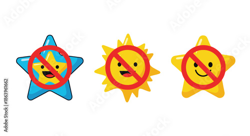 Three cute star and sun character icons with a red circle and slash prohibition symbol indicating a negative or restricted state.