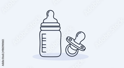 Simple blue line art of baby milk bottle and pacifier set representing infant care and nursery essentials on a light background.