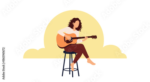 Young woman sitting on a stool playing an acoustic guitar against a stylized yellow sunset background in a modern flat art style.