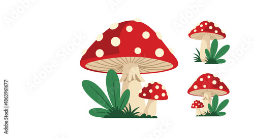 Group of iconic red fly agaric mushrooms with white spots and green leaves illustrated in a charming cartoon style for nature themes.